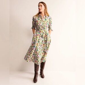 Boden Multicolor Floral Tie-Waist Midi Shirt Dress in White